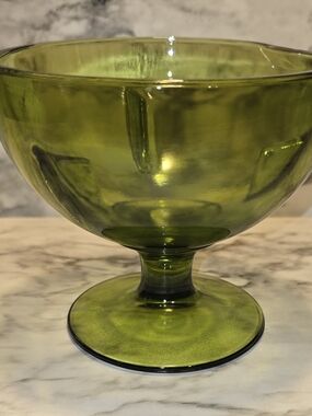 Vintage Avocado Green Glass Footed Pedestal Compote Candy Dish